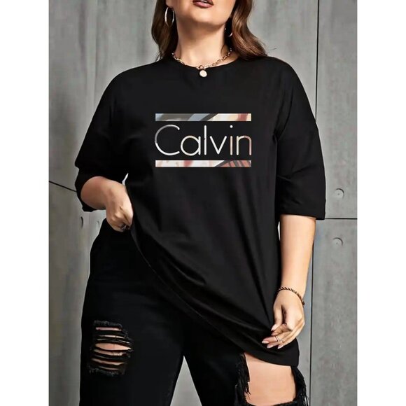 Elegant Short Sleeve Crew Neck Calvin Graphic T-Shirt - Picture 1 of 4